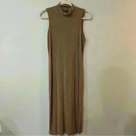 T Tahari Brown Tan Slit Midi Turtleneck Sleeveless Tank Top Dress Size X-Small - Picture 1 of 7